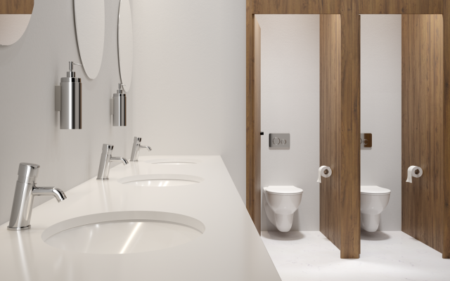 SONAS Non Concussive Basin Mixer With STRATA Oval Undercounter Basin With STRATA Wall Hung WC With SONAS Round Flush Plate With AVA Toilet Roll Holder 1