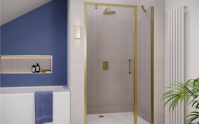 VERVE PRO 8 PIVOT DOOR WITH INLINE PANEL IN BRUSHED BRASS